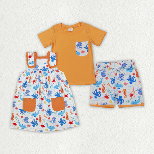 Sibling Baby Kids Orange Pocket Top Sea Animals Shorts Clothes Sets Knee Length Dresses
