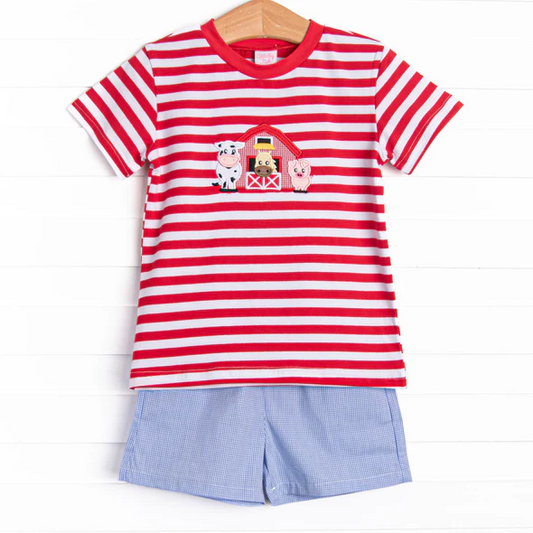 Preorder moq 5 Baby Girls Red Stripe Short Sleeves Cows House Top Blue Short Farm Set