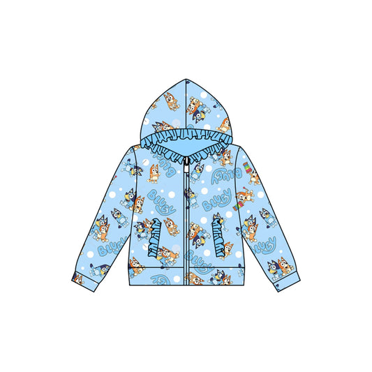 Preorder (moq 5)Baby Girls Blue Cartoon Dogs Hooded Zip Ruffles Tops Jackets