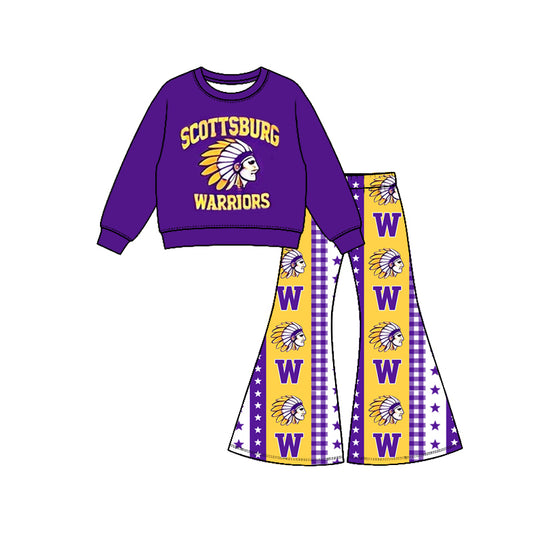 Preorder (moq 5) Girls Warriors Football Team Long Sleeve Shirts Bell Pants Boutique Outfits Clothes Sets