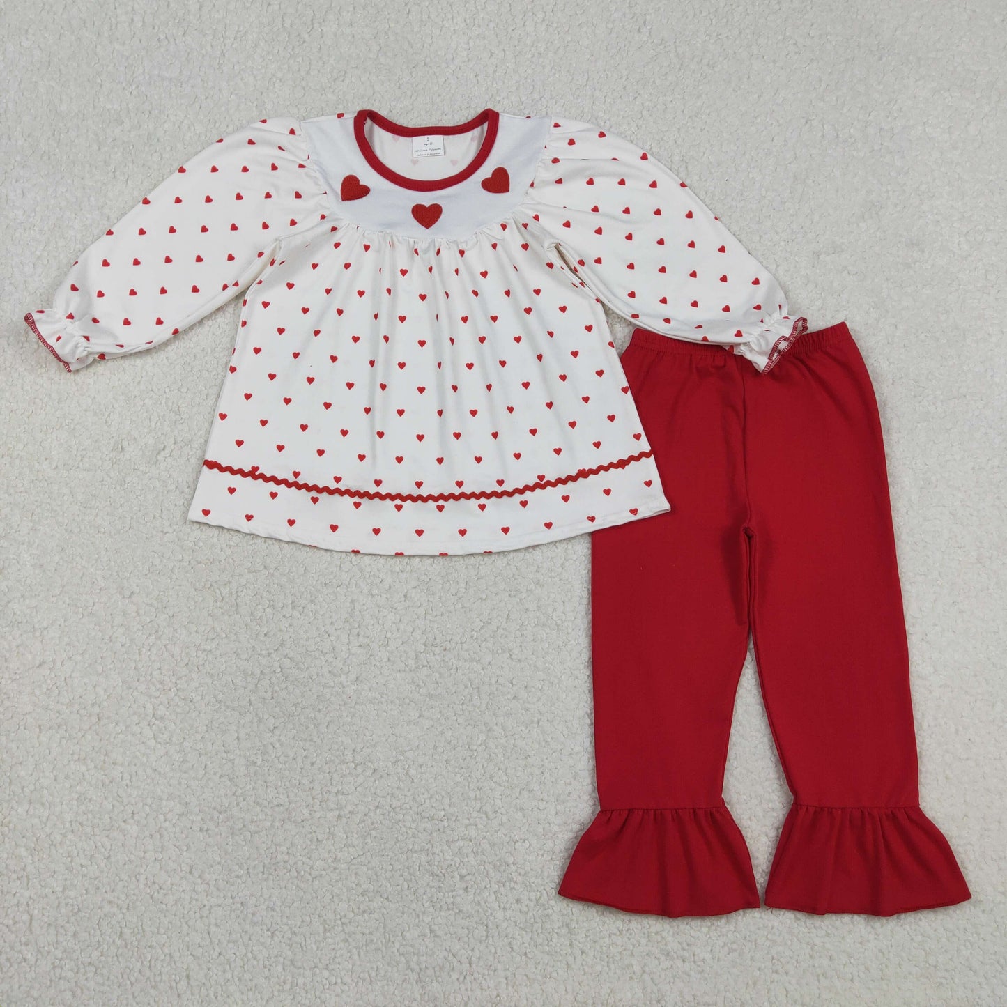 Embroidery Hearts Baby Girls Hearts Tunic Ruffle Pants Valentines Clothes Sets