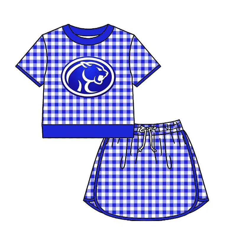 Preorder (moq 5)Baby Girls Blue Checked Cougars Top Skirt Short Team Clothes Set