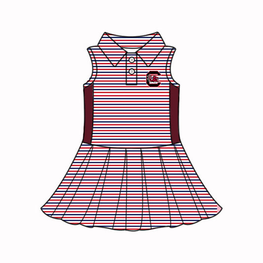 Preorder (moq 5)Baby Girls Red Stripe South Carolina Button Team Knee Length Dresses