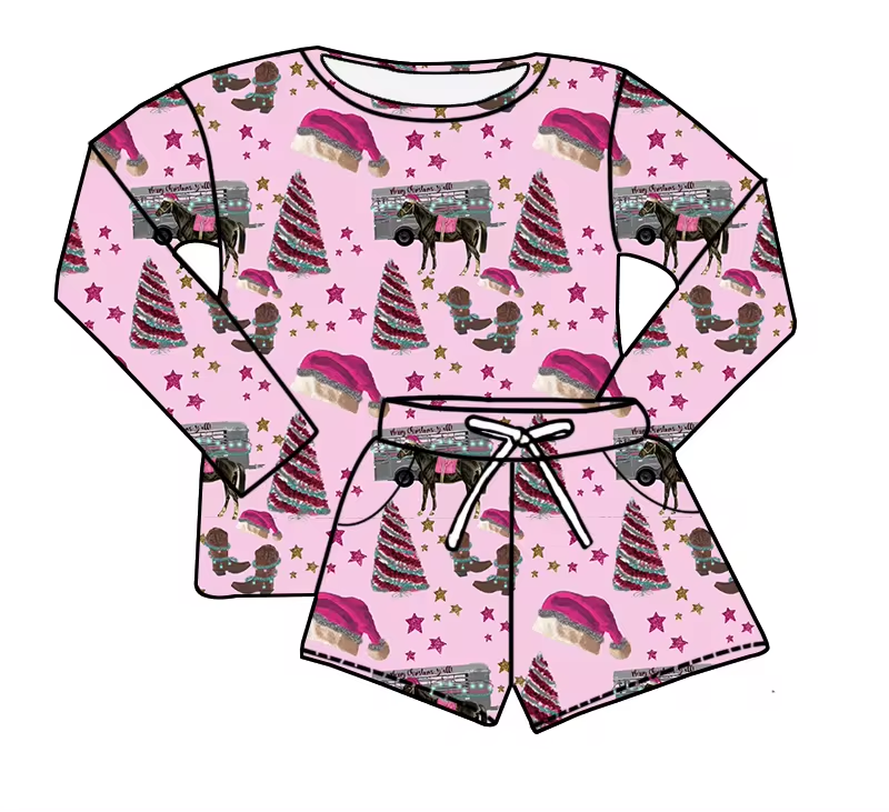 Baby Girls Christmas Tree Boots Shirt Top Shorts Clothes Sets Preorder(moq 5)