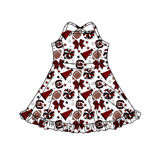 Preorder (moq 5)Baby Girls Strap Bows Stars Footballs Team Shorts Ruffle Knee Length Dress