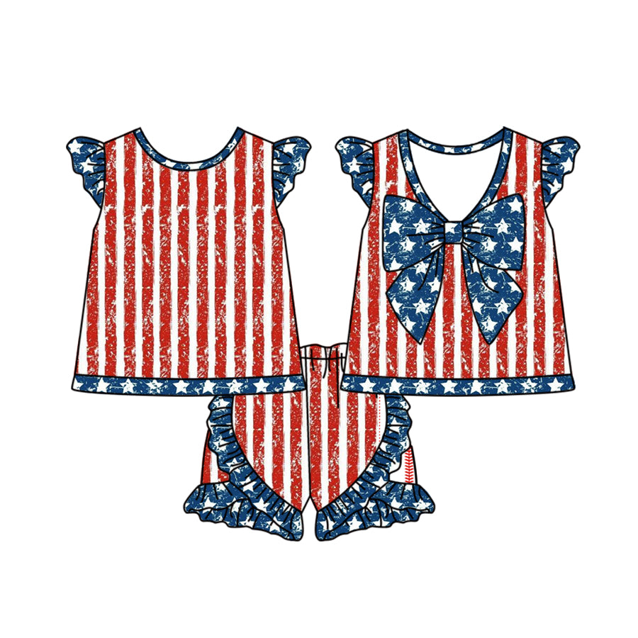 Baby Girls 4th Of July Flutter Sleeve Top Ruffle Shorts Clothes Sets preorder(moq 5)