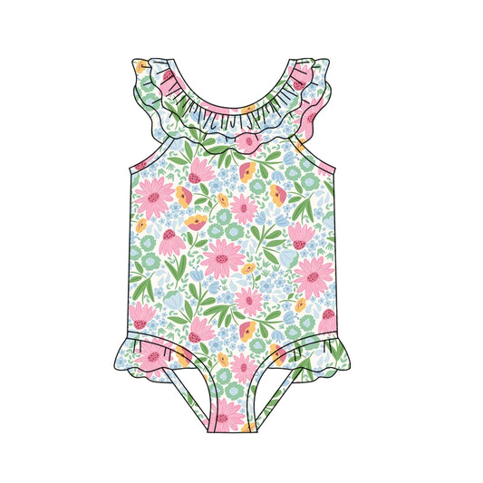 Baby Girls Beach Green Pink Flowers Ruffles One Piece Swimsuits preorder(moq 5)