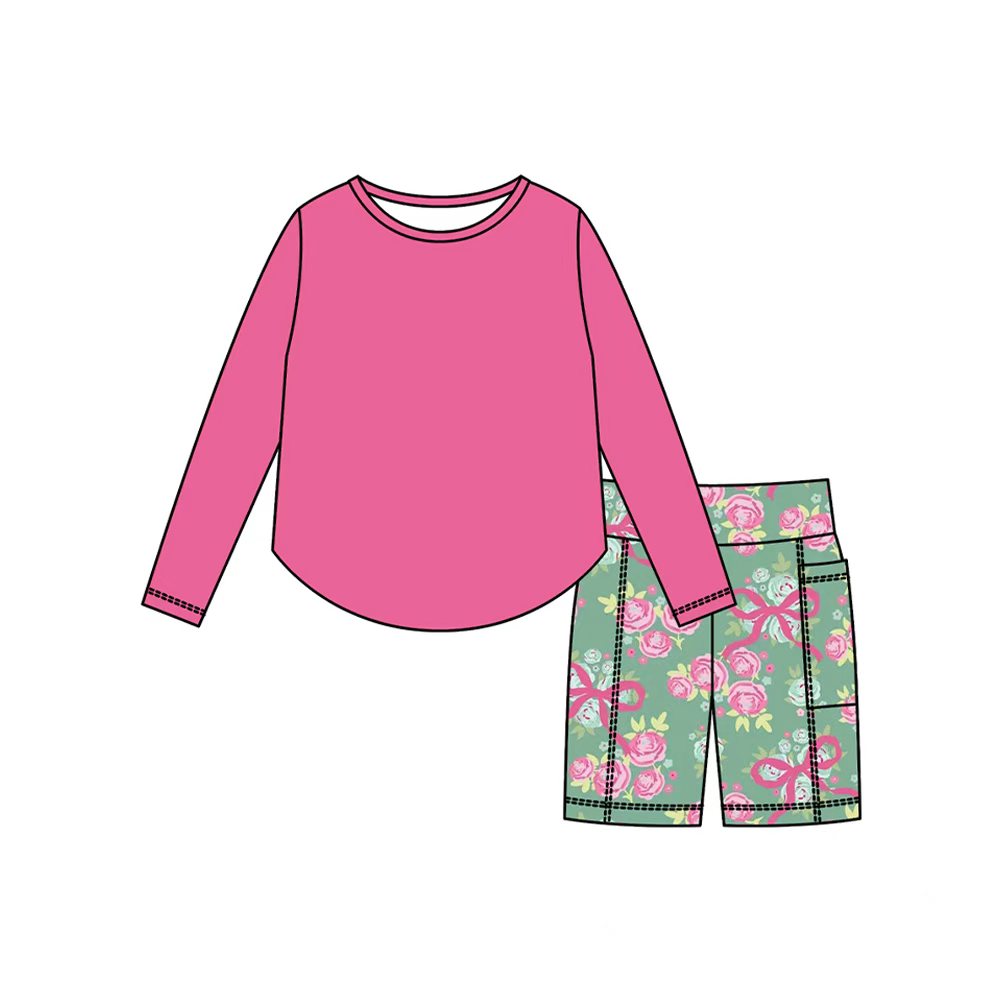Preorder (moq 5)Baby Girls Long Sleeve Top Green Pink Bows Shorts Clothes Sets