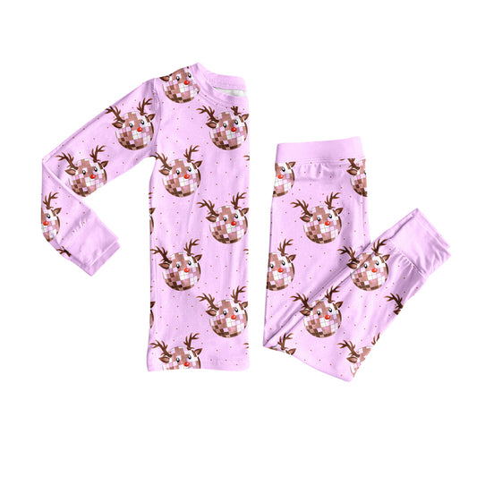 Preorder (moq 5)Baby Girls Lavender Long Sleeves Deer Plaid Top Pant Pajamas Set