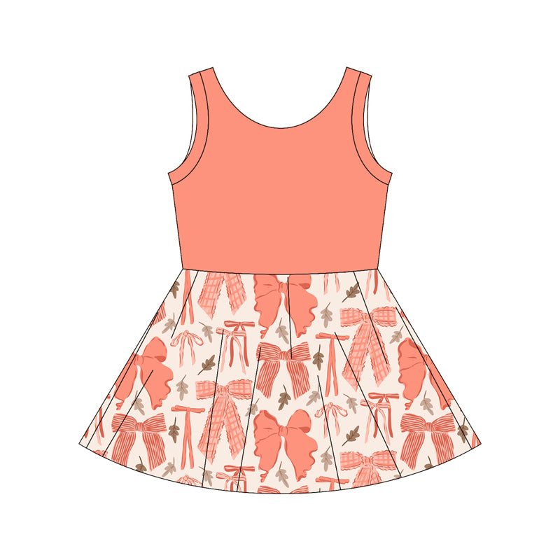 Preorder moq 10 Baby Girls Orange Sleeveless Top Bows Patchwork Knee Length Dresses