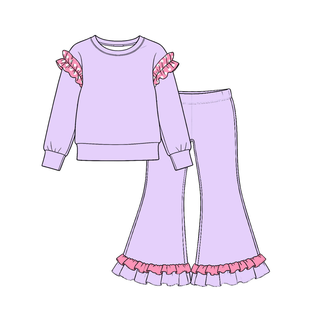 Preorder (moq 5) Baby Girl Clothes Polka Dot Ruffle Sleeve Solid Long Sleeve Ruffle Hem Flare Pant Set