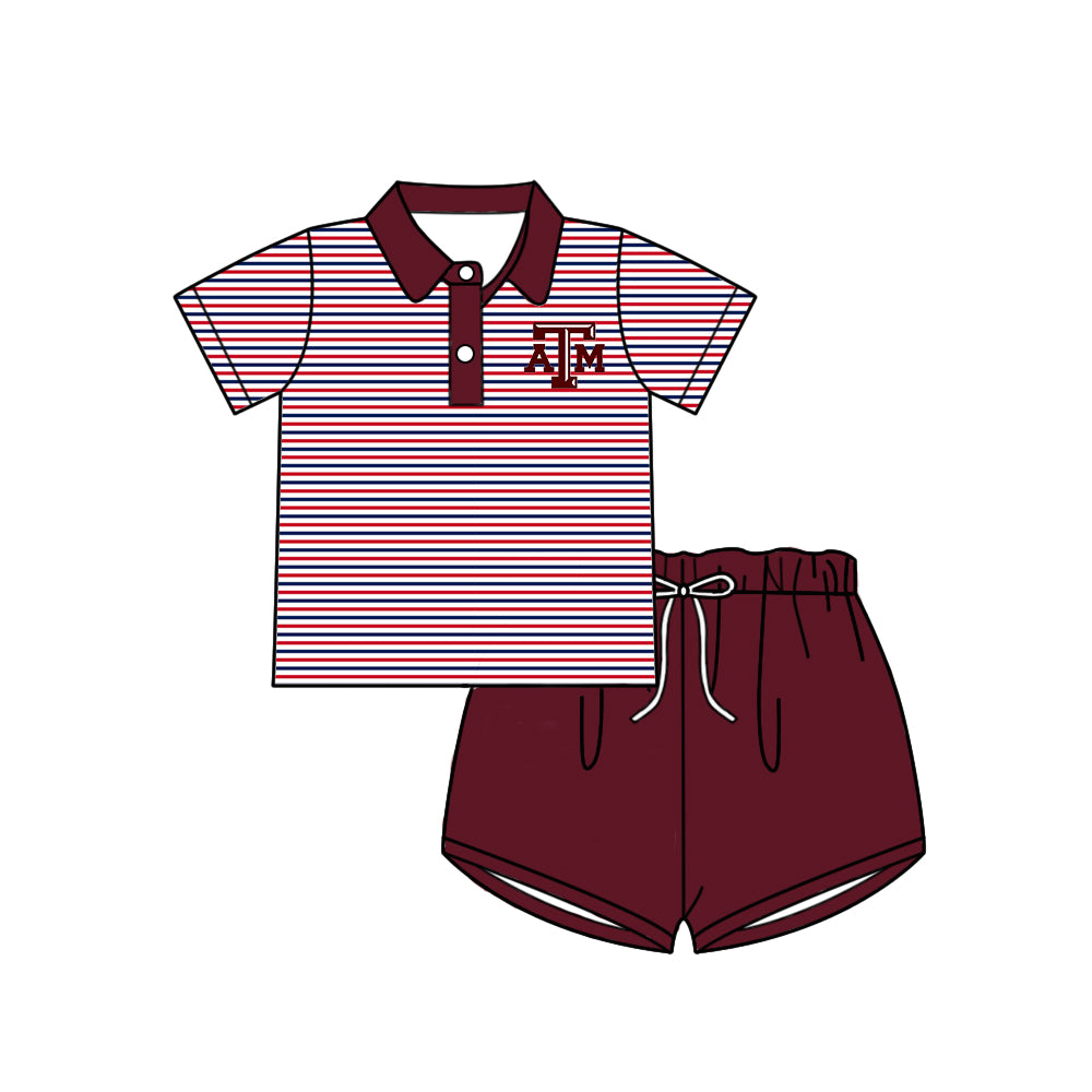 Preorder (moq 5)Baby Boys Short Sleeves Dark Red Stripe Button ATM Top Shorts Team Set
