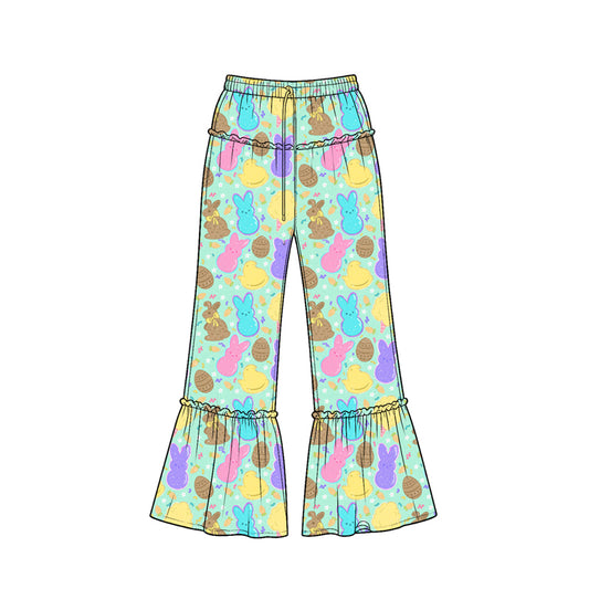 Preorder (moq 5) Baby Girl Clothes Easter Bunny Chick Egg Cookie Print Ruffle Waist Ruffle Hem Flare Pants