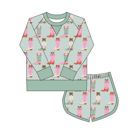 Preorder(moq 8)Baby Girls Green Pink Bows Boots Top Shorts Western Clothes Set