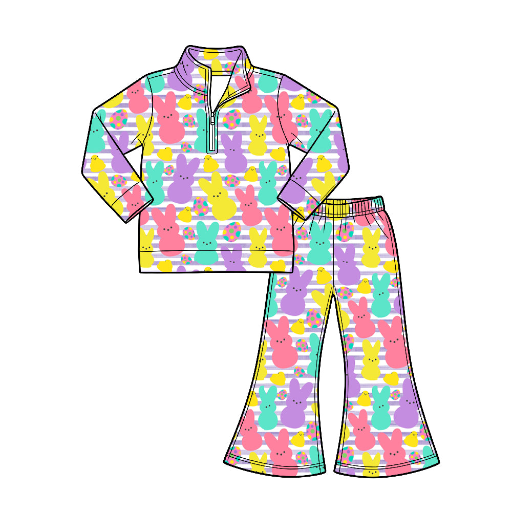 Preorder (moq 5) girl clothes Colorful Easter Bunny Long Sleeve 1/4 Zip Pullover Flare Pants 2‑Piece Outfit Set