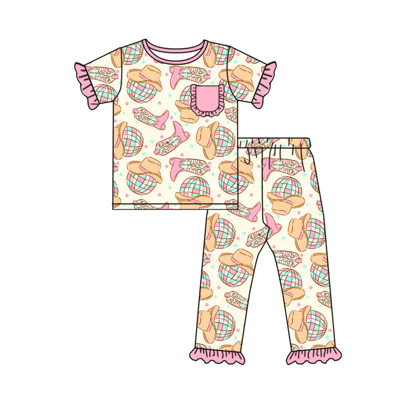 Preorder(moq 5) Baby Girls Pink Howdy Hat Boots Pocket Top Ruffle Pant Western Pajamas Sets
