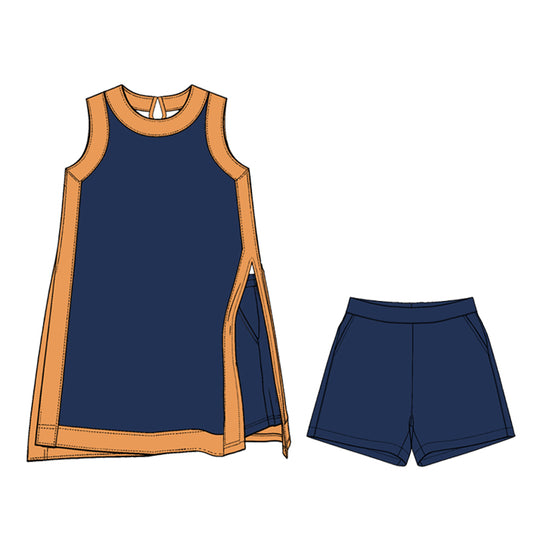 Preorder (moq 5)Adult Women Orange Navy Split Skirt Pockets Short Clothes Sets