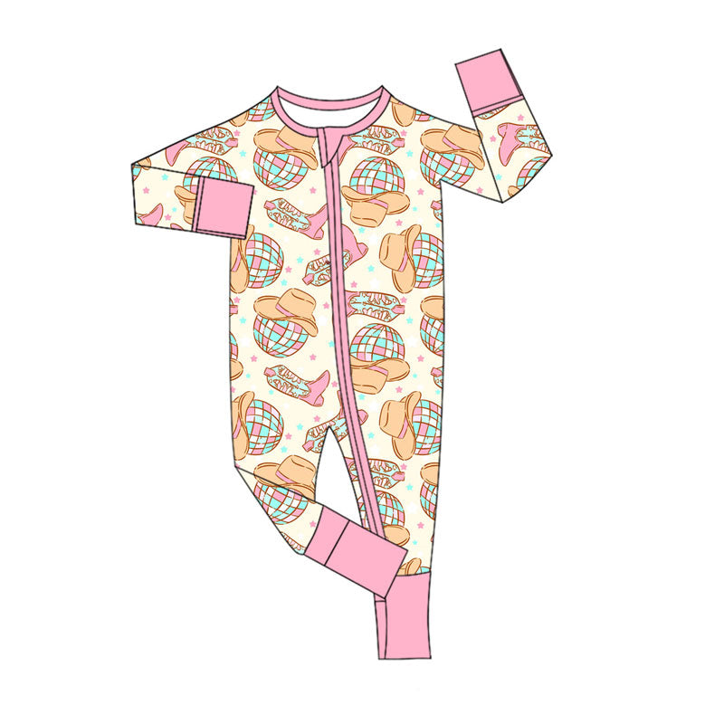 Preorder (moq 5)Baby Boys Pink Howdy Hats Boots Western Zipper Footie Rompers