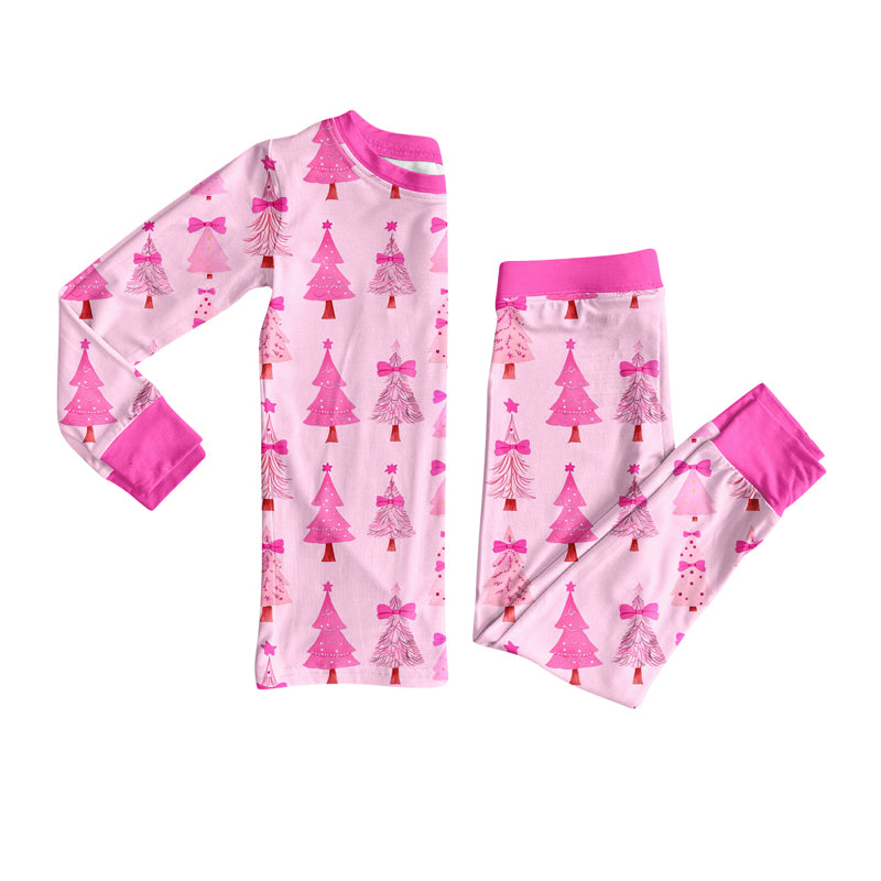 Preorder (moq 5)Baby Girls Hot Pink Long Sleeves Christmas Trees Plaid Top Pant Pajamas Set