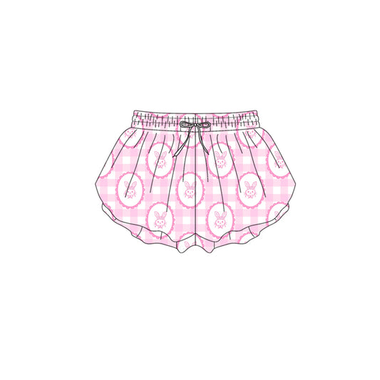 Preorder (moq 5)Baby Girls Pink Checked Rabbits Easter Ruffle Shorts Bottom