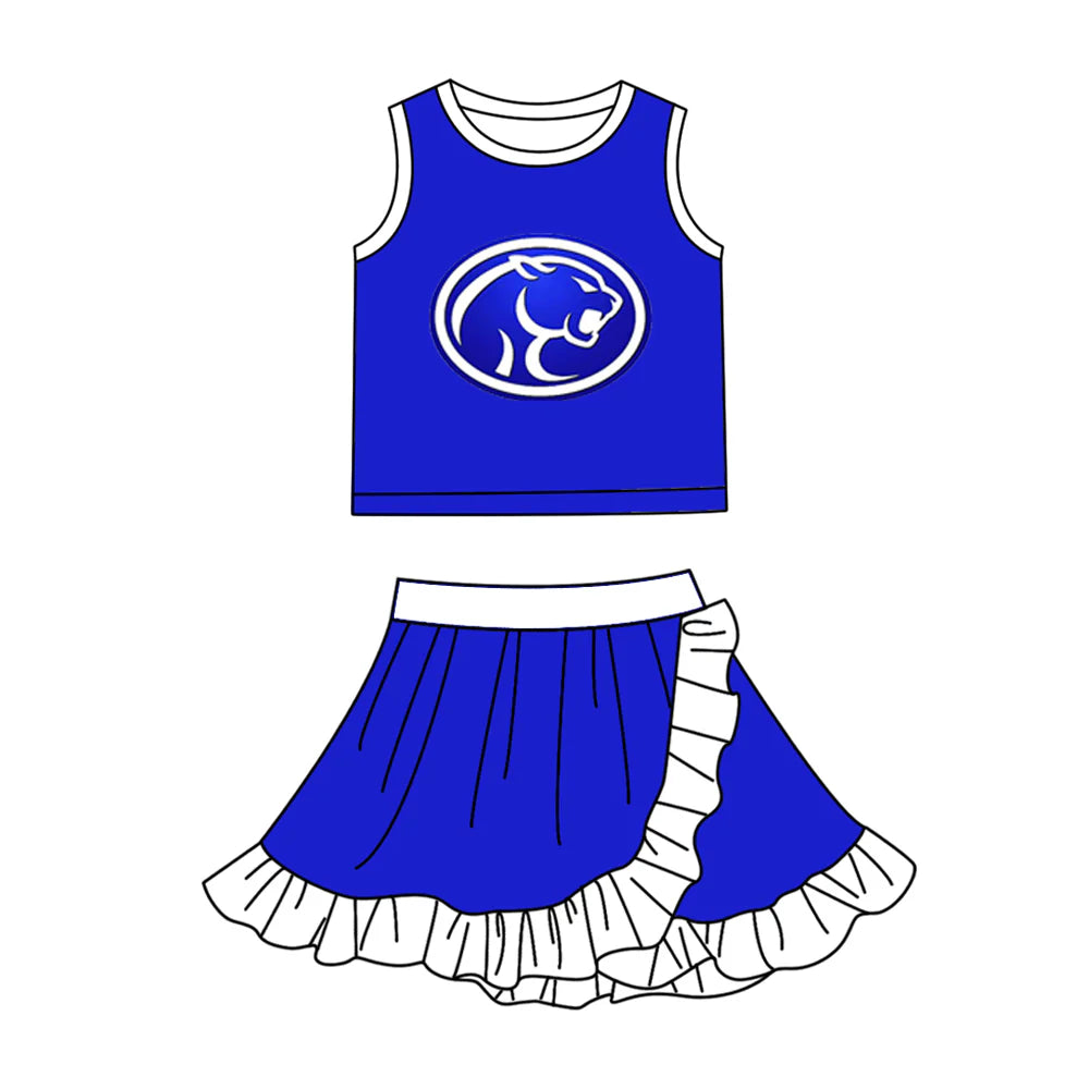Preorder (moq 5)Baby Girls Blue Cougars Vest Top Ruffle Skirt Short Team Clothes Sets