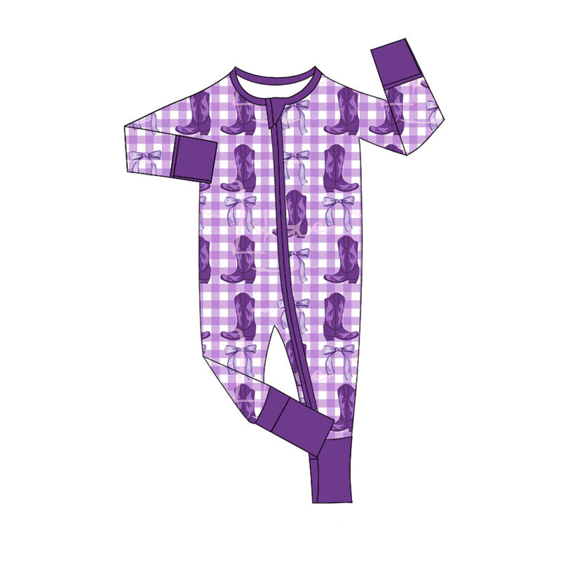Preorder (moq 5)Baby Boys Purple Checked Boots Bows Zipper Footie Rompers