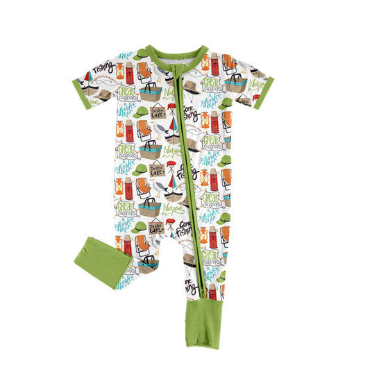 Preorder (moq 5)Baby Boys Short Sleeve Fishing Hunting Two Way Zip Convertible Rompers