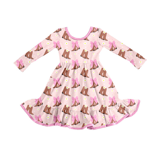 Preorder (moq 5)Baby Girls Western Boots Bows Ruffle Knee Length Dresses