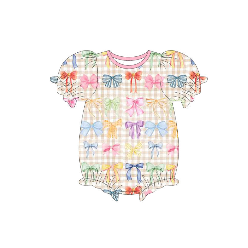Preorder (moq 5)Baby Girls Colorful Bows Checked Short Ruffle Sleeve Rompers