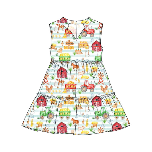 Preorder (moq 5) Girls Collared Sleeveless Tiered Dresses, Farm Tractor, Rooster, Sheep & House Print, Fall Harvest Thanksgiving Outfit