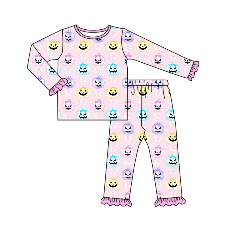 Preorder (moq 5)Baby Girls Pink Long Ruffle Sleeves Bows Pumpkins Top Pant Pajamas Sets