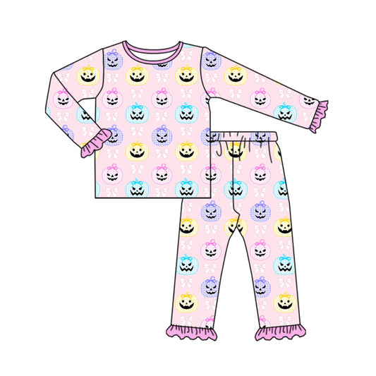 Preorder (moq 5)Baby Girls Pink Long Ruffle Sleeves Bows Pumpkins Top Pant Pajamas Sets
