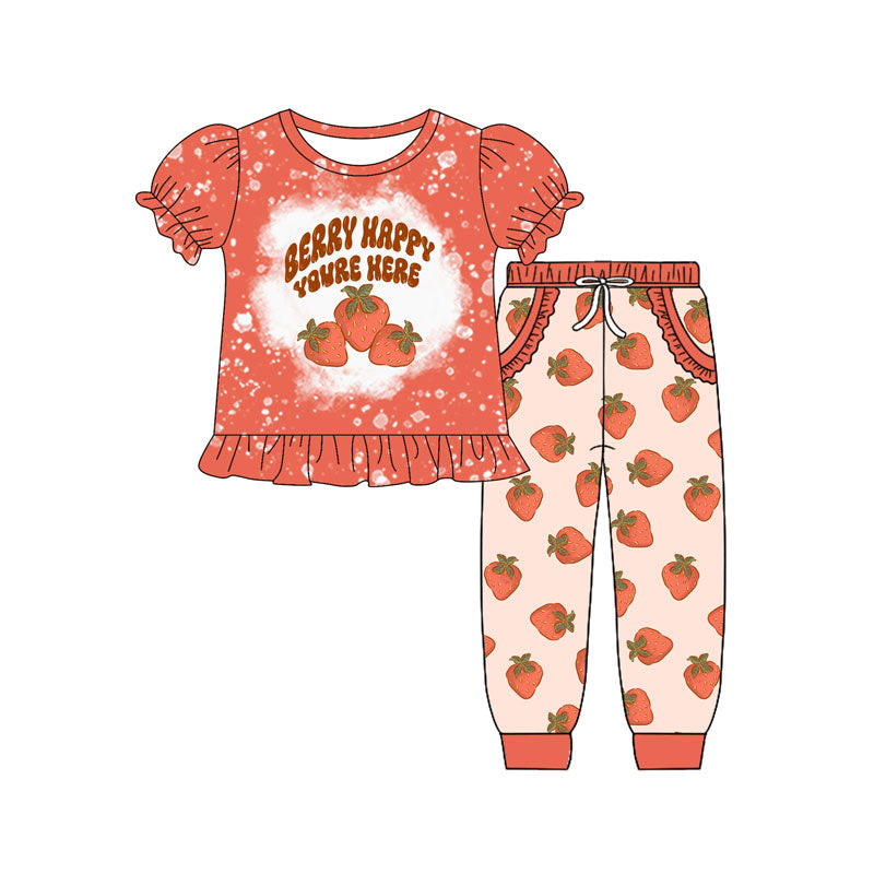Preorder(moq 5) Baby Girls Berry Happy Ruffle Top Pockets Joggers Clothes Sets