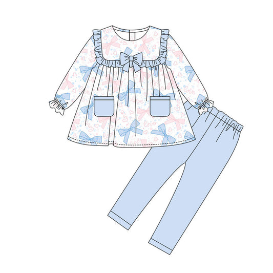 Preorder(moq 8)Baby Girls Blue Hearts Bows Pocket Tunic Leggings Valentine Clothes Sets