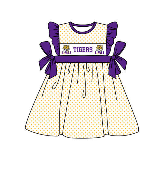 Preorder (moq 5)Baby Girls Flutter Sleeve Polka Dots LSU Tigers Team Knee Length Dresses