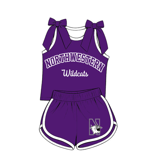 Preorder (moq 5) Baby Girls Purple Bows Northwestern Vest Short Team Clothes Set