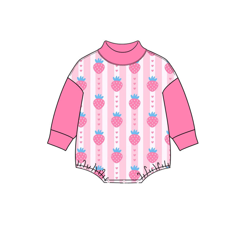 Preorder moq 5 Baby Girls’ Pink Strawberry Print Crew Neck Long Sleeve Romper