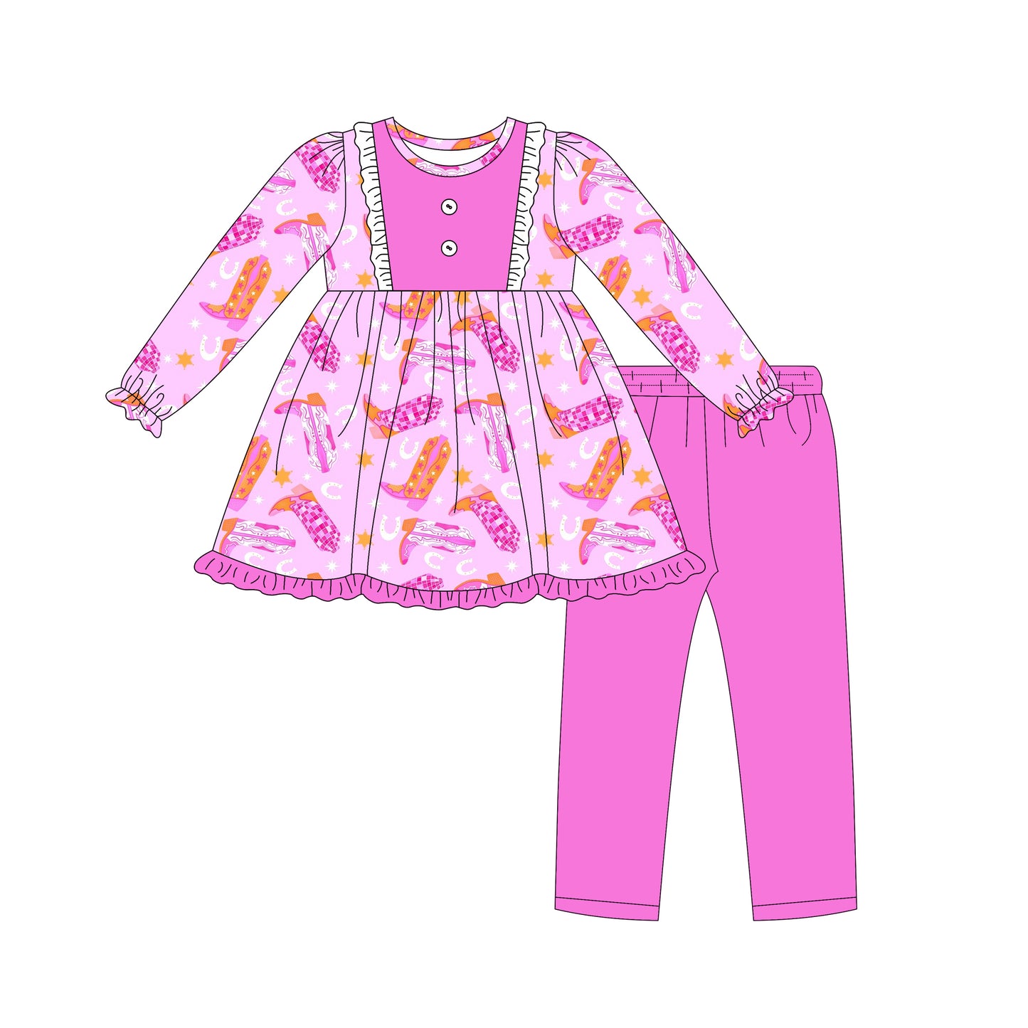 Preorder (moq 5)Baby Girls Hot Pink Long Ruffle Sleeves Boots Plaid Tunic Legging Pant Set