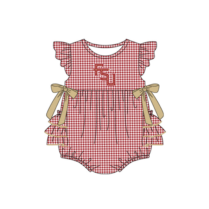 Preorder moq 5 Baby Girls Red Plaid Flutter Sleeves Bows FSU Team Rompers