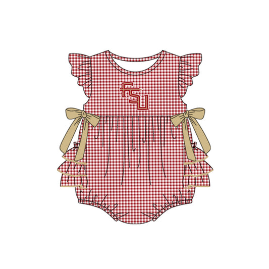 Preorder moq 5 Baby Girls Red Plaid Flutter Sleeves Bows FSU Team Rompers