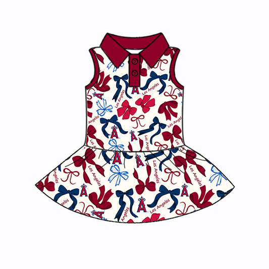 Preorder (moq 5)Baby Girls Blue Red Los Angel Bows Plaid Button Team Knee Length Dresses