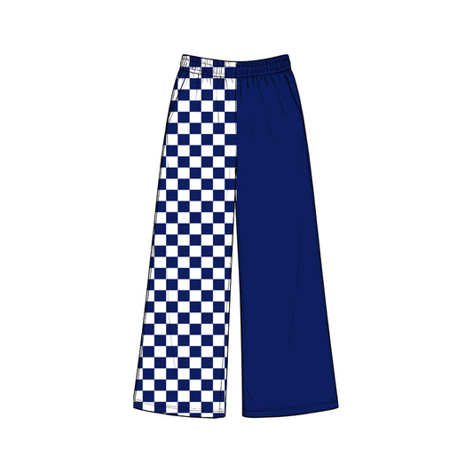Preorder (moq5) Baby Girls Hot Blue Checked Leopard Pockets Flare Pants Bottom