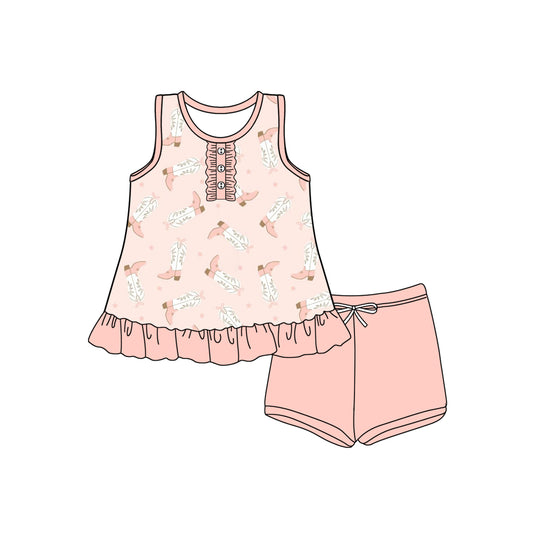 Preorder (moq 5)Baby Girls Peach Sleeveless Button Boots Stars Tunic Short Set