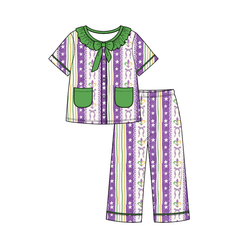 Preorder (moq 5) Baby Girl Clothes Mardi Gras Stripe Star Fleur De Lis Mixed Print Short Sleeve Ruffle Bow Long Pant Pajama Set