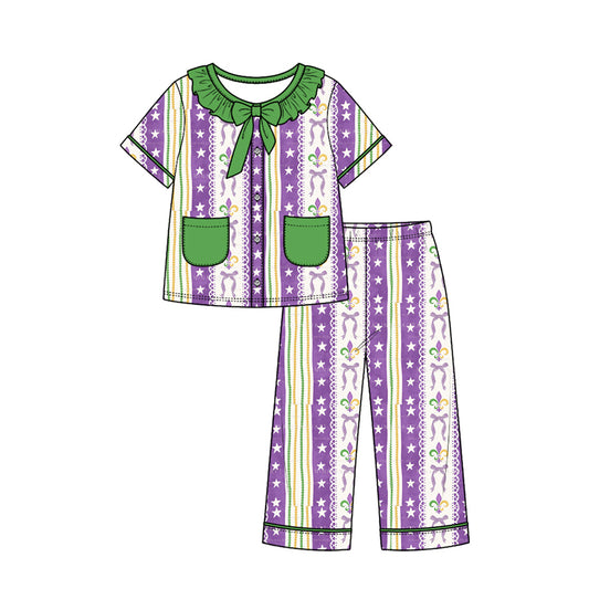 Preorder (moq 5) Baby Girl Clothes Mardi Gras Stripe Star Fleur De Lis Mixed Print Short Sleeve Ruffle Bow Long Pant Pajama Set