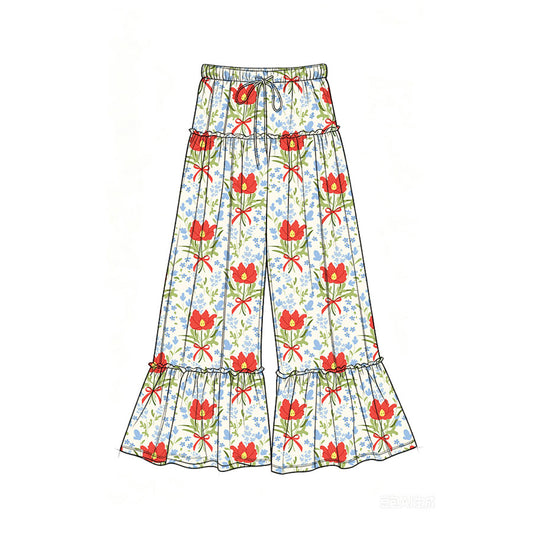 Preorder (moq 5)Baby Girls Bows Flowers Checked Bell Bottom Pants