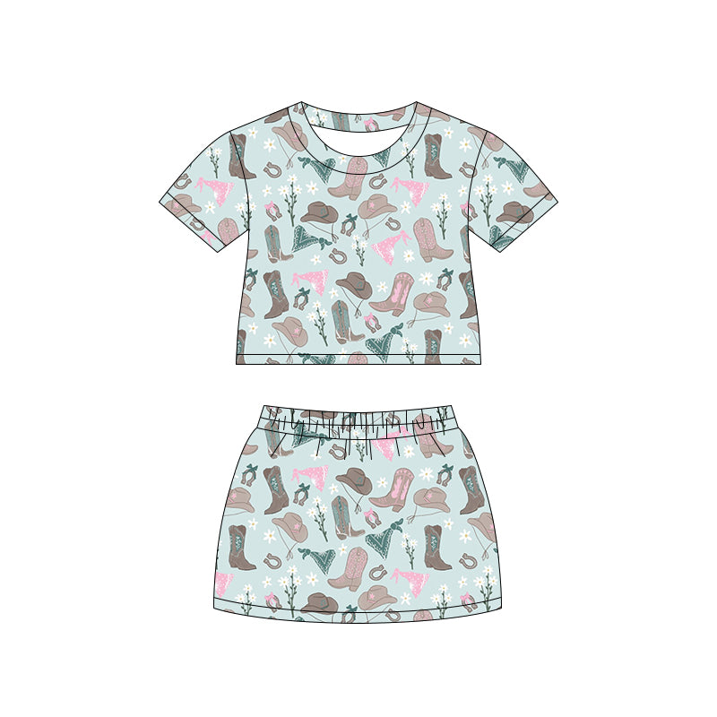 Preorder (moq 5)Baby Girls Hats Boots Flowers Top Skirt Shorts Western Clothes Set