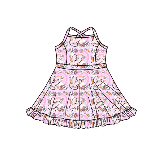 Preorder (moq 5)Baby Girls Strap Flowers Rabbits Easter Shorts Ruffle Knee Length Dresses