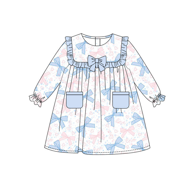 Preorder(moq 8)Baby Girls Blue Hearts Bows Pocket Valentine Knee Length Dresses