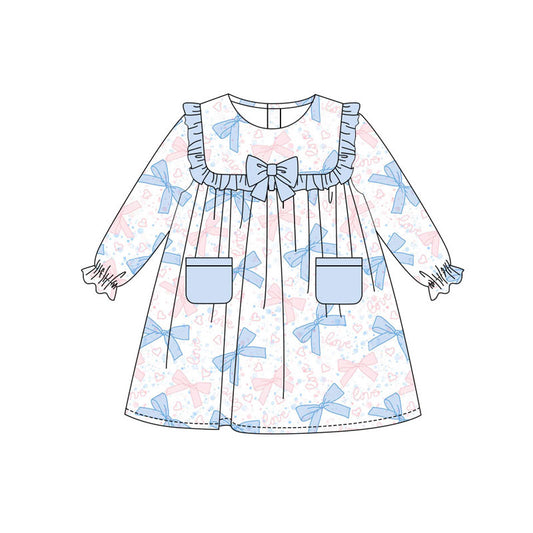 Preorder(moq 8)Baby Girls Blue Hearts Bows Pocket Valentine Knee Length Dresses